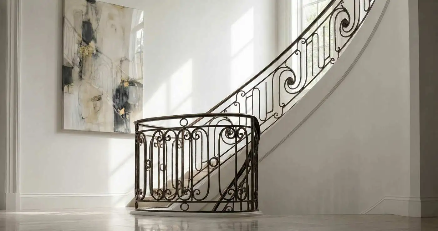 Escalier haussmannien en pierre avec rampe en ferronnerie à Paris